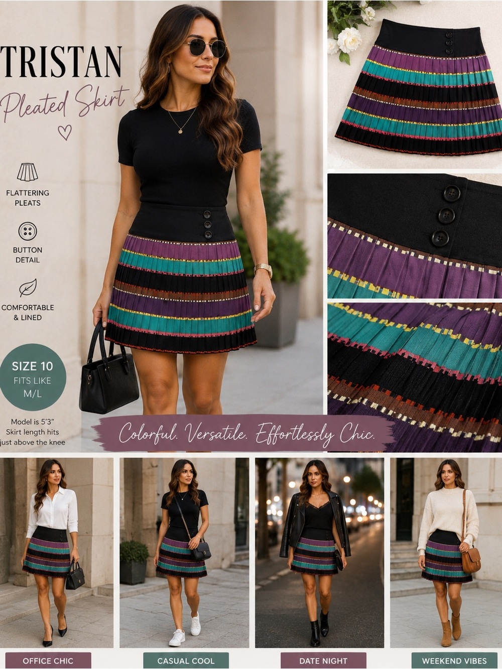 Tristan Rainbow Stripe Pleated Mini Skirt | Size 10 | Y2K | Colorful Knit